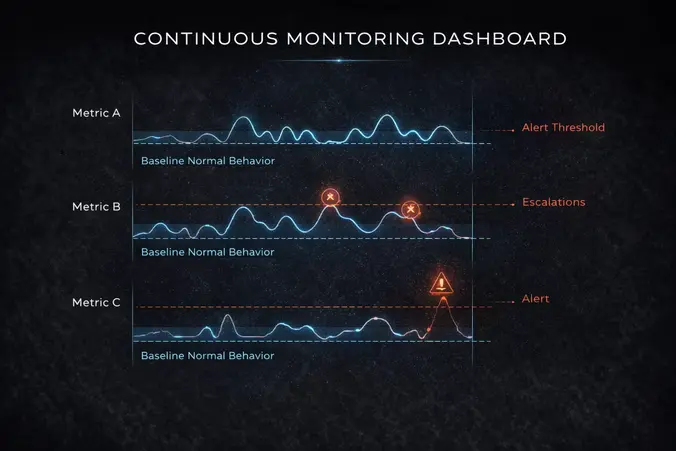 Continuous Monitoring Dashboard visualization showing multiple AI system performance metrics tracked over time on a dark interface. Several line graphs represent baseline operational behavior, with horizontal alert thresholds marking acceptable limits. Deviations in the metrics cross warning and escalation lines, illustrating how real-time monitoring detects anomalies early and triggers alerts before operational or customer impact occurs.