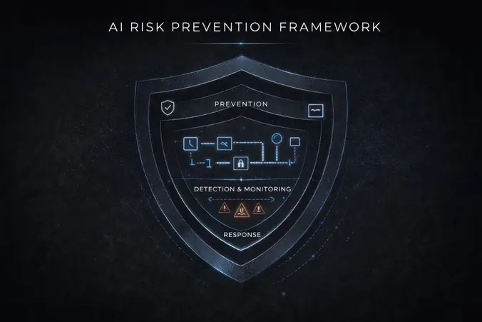 AI Risk Prevention Framework diagram showing layered protection architecture on a dark background, with three nested shield layers labeled prevention, detection and monitoring, and response. The geometric visualization uses charcoal, white, and subtle blue system lines to illustrate a structured AI governance model where outer layers prevent risks, middle systems detect anomalies, and inner controls manage response procedures to maintain operational resilience.