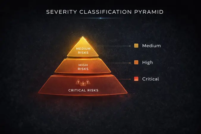 Severity Classification Pyramid diagram illustrating AI risk prioritization. The three-tier pyramid shows medium risks at the top (yellow), high risks in the middle (orange), and critical risks forming the wide base (red). The visual emphasizes that the most severe and operationally dangerous AI risks occur at the foundation of the risk stack, requiring the greatest allocation of governance resources and mitigation controls.