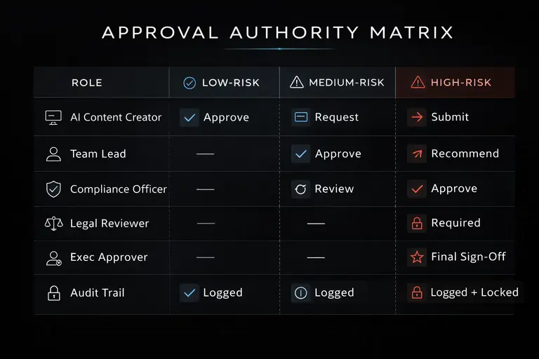 Approval authority matrix showing organizational roles across rows and AI content risk levels across columns, with clear indicators for approve, escalate, or block decisions, illustrating structured role-based governance within an enterprise AI compliance system.