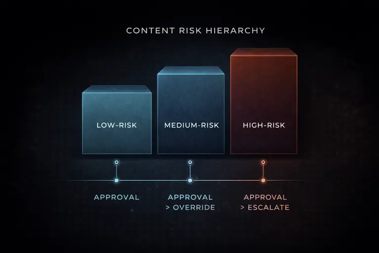 Content risk hierarchy diagram showing three increasing blocks labeled low-risk, medium-risk, and high-risk, each connected to progressively stricter approval pathways, illustrating how higher-risk AI content requires additional oversight and escalation controls.