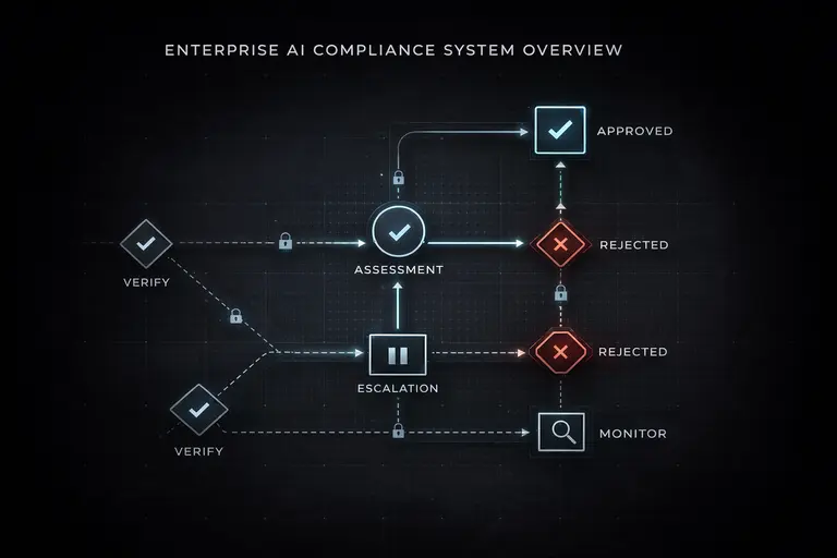 Enterprise AI compliance system diagram showing structured approval pathways with verification checkpoints, assessment stage, escalation controls, and final approval or rejection outcomes connected by secure process lines on a dark technical grid background.
