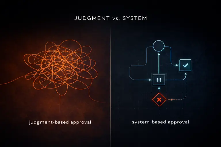 Side-by-side comparison showing chaotic tangled lines representing judgment-based approval on the left and a clean, structured decision pathway with checkpoints representing system-based approval on the right, illustrating the difference between inconsistent human decisions and governed approval systems.