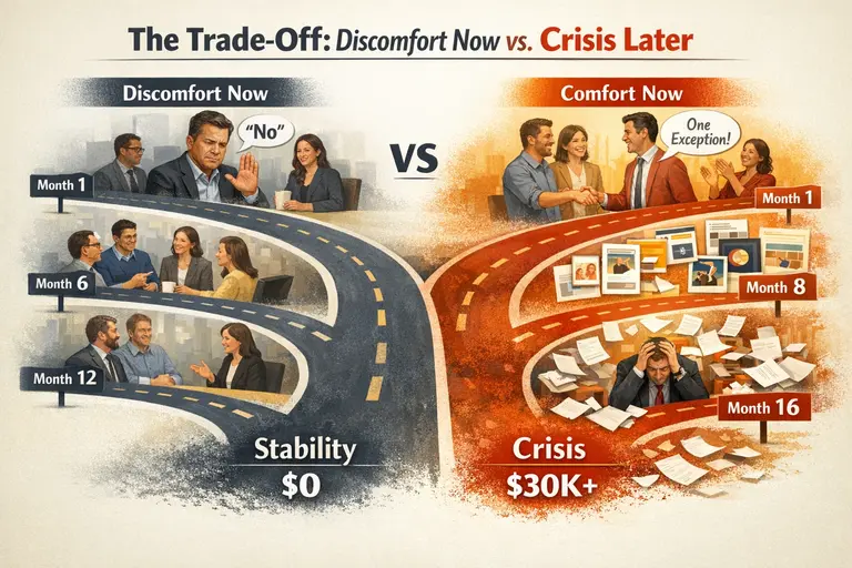 Split-screen infographic demonstrating governance costs over time. The left path, labeled “Discomfort Now,” shows a CEO initially resisting an exception request but gradually achieving team alignment and long-term brand stability with no rewrite costs. The right path, labeled “Comfort Now,” shows a team approving exceptions early, followed by growing brand inconsistency, scattered messaging, and a stressed executive facing a $30K+ crisis rewrite by month 16.