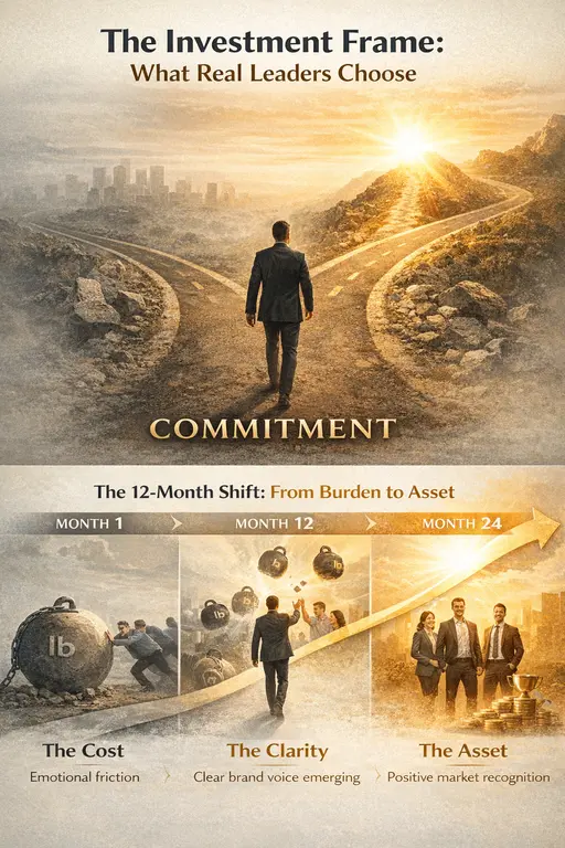 Illustration showing a business leader at a crossroads choosing a challenging uphill road symbolizing governance costs and long-term brand discipline. Below, a timeline progression shows three phases: Month 1 labeled “The Cost” with heavy resistance, Month 12 labeled “The Clarity” where brand voice begins to emerge, and Month 24 labeled “The Asset” where a confident team stands with visible market recognition and success.