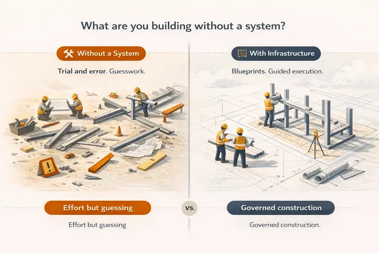 Side-by-side illustration of two construction scenes demonstrating governance costs. On the left, workers build without a system, surrounded by scattered materials and guesswork. On the right, a structured construction site follows blueprints and governed infrastructure, showing how governance costs enable organized, efficient building and long-term stability instead of chaotic trial-and-error.