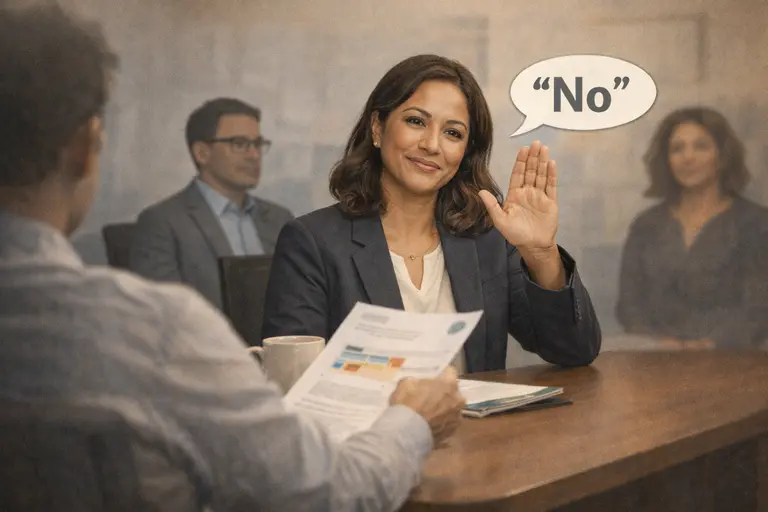 Diverse female CEO in a business meeting calmly raising her hand and smiling while saying “no” to a proposal, illustrating leadership discipline and the governance costs required to protect brand standards and long-term strategy.