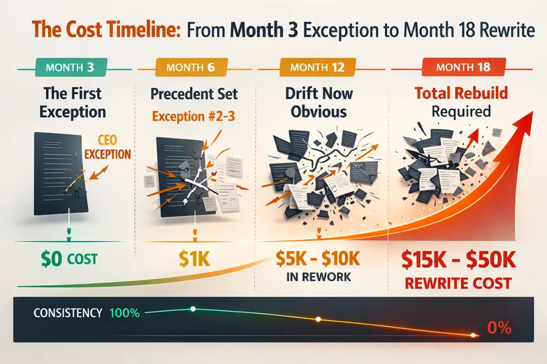 Timeline infographic illustrating the hidden costs of relying on a style guide instead of a content operating system, showing how a small exception in Month 3 grows into major brand drift and a $15K–$50K rewrite by Month 18 as cracks in the guide multiply and content fragments over time.