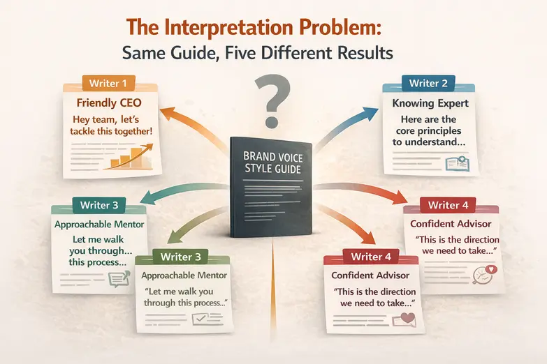 Content operating system vs. guide illustration showing a central brand voice style guide producing five different interpretations from five writers, highlighting how the same guide leads to inconsistent outputs and unclear brand voice direction.