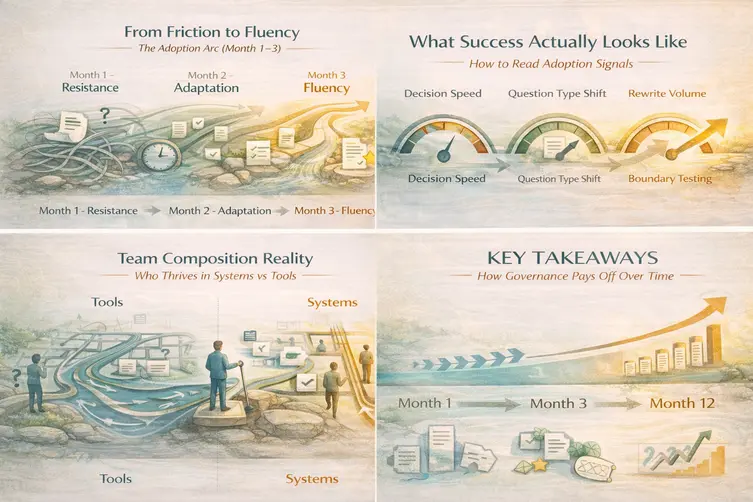 Collection of infographic-style visuals illustrating stages, metrics, and outcomes involved in Content System Implementation, including adoption phases, governance signals, and long-term compounding results.