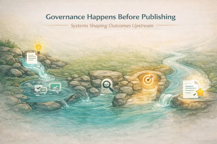 Illustration showing a river flowing through multiple refinement stages before reaching a clean final document, representing how governance shapes outcomes during Content System Implementation.