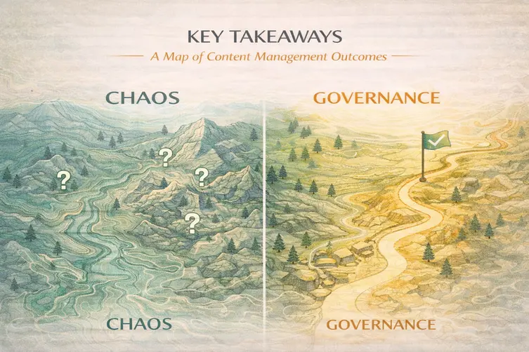 Illustration contrasting chaotic terrain with a clear guided path, showing how governance brings structure and direction during Content System Implementation.