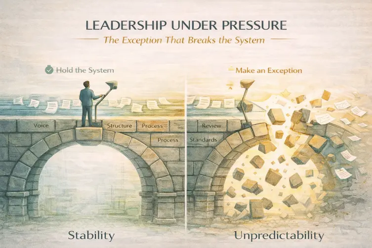Illustration of a leader standing on a stable bridge versus a collapsing structure, showing how leadership decisions affect stability during Content System Implementation.