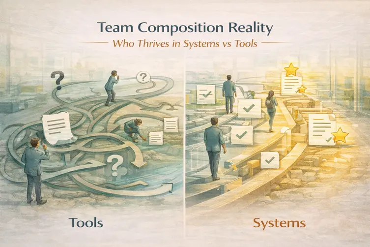 Side-by-side illustration showing confusing paths versus structured workflow to represent how team roles adapt during Content System Implementation.