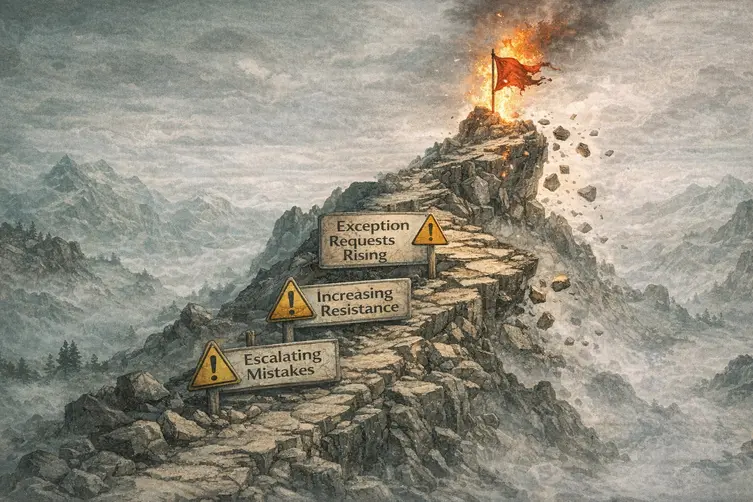 Mountain path with warning signs and a collapsing summit flag illustrating failure signals during Content System Implementation.