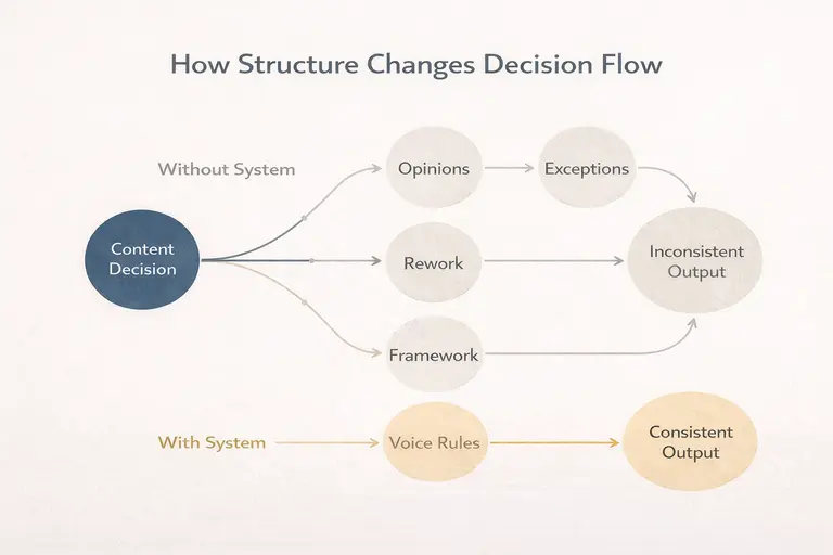 Content governance flow diagram comparing chaotic decision paths without a system versus structured decision flow through a governed content framework.