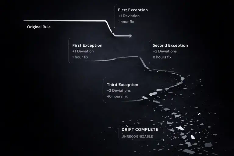Illustration showing drift in a governed system within the GENSEN content operating system. A clean white line representing original rules begins straight and controlled, then progressively bends and fragments through multiple exceptions until it becomes scattered and unrecognizable, visualizing how small deviations compound and cause content operating system governance to break down over time.