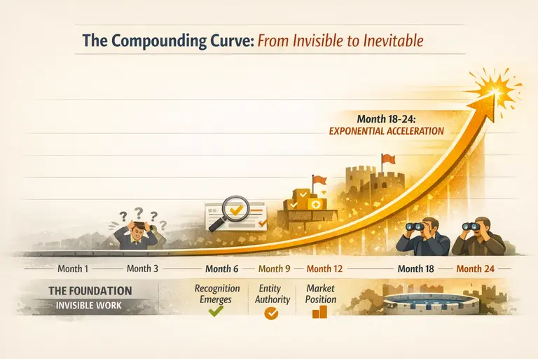 Infographic titled “The Compounding Curve: From Invisible to Inevitable” showing a 24-month timeline of content operating system compounding benefits. A curved growth line starts nearly flat at Month 1 labeled “The Foundation / Invisible Work,” where a frustrated team member with question marks represents early resistance. The line begins rising by Month 6 with a magnifying glass and checklist symbolizing recognition emerging, continues upward at Month 9 with an “entity authority” marker, and reaches Month 12 labeled “Market Position” with stacked blocks and checkmarks. From Month 18 to Month 24 the curve accelerates sharply upward in bright gold and orange, ending in a starburst labeled “Exponential Acceleration.” In the final stage, observers with binoculars and a castle-like moat illustration represent competitive advantage and established market authority. The background uses a warm cream tone with gray-to-gold color progression to visually show the shift from invisible early work to powerful compounding growth over time.
