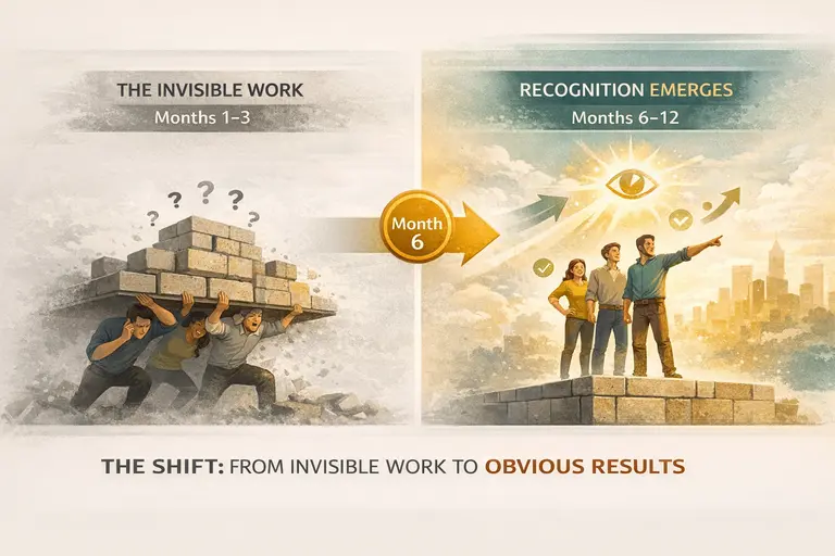 Split-screen infographic titled “The Shift: From Invisible Work to Obvious Results.” The left side, labeled “The Invisible Work — Months 1–3,” shows a team of workers struggling to carry a heavy platform stacked with bricks while question marks float above them, symbolizing uncertainty and effort during the early foundation phase. The colors are muted warm gray tones to represent hidden progress and difficult early work.

In the center, a large circular marker labeled “Month 6” sits inside a gold arrow pointing to the right, representing the turning point when recognition begins.

The right side, labeled “Recognition Emerges — Months 6–12,” shows the same team now standing confidently on a solid stone foundation they built earlier. The scene is brighter with teal and warm amber tones. Above them are symbols of clarity and progress including an eye, checkmarks, and upward arrows, while a city skyline in the background represents growing market visibility and authority.

At the bottom, a caption reads “The Shift: From Invisible Work to Obvious Results,” illustrating the transformation from early unseen effort to visible competitive advantage as a content operating system compounds over time.