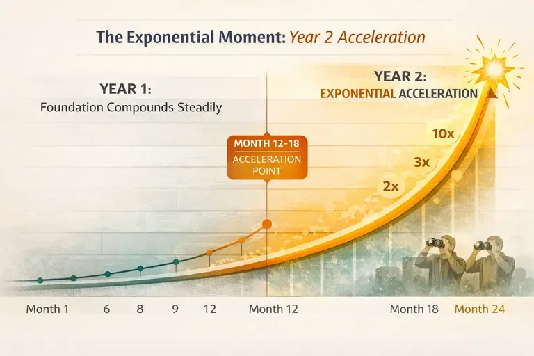 Infographic titled **“The Exponential Moment: Year 2 Acceleration”** showing how the benefits of a content operating system compound over a 24-month timeline. A growth curve begins on the left in **Year 1**, labeled “Foundation Compounds Steadily,” where the line rises gradually from Month 1 through Month 12, representing steady but moderate progress.

At the center of the graphic, a marker labeled **“Month 12–18: Acceleration Point”** highlights the transition where the curve begins to bend upward more sharply, indicating the moment compounding effects start to intensify.

On the right side, labeled **“Year 2: Exponential Acceleration,”** the curve climbs steeply toward Month 24 and ends in a bright starburst symbolizing breakthrough growth. Along the rising curve are multiplier markers such as **2x, 3x, and 10x**, illustrating rapidly increasing results.

Two observers with binoculars stand at the bottom right watching the upward trajectory, symbolizing competitors trying to catch up as the advantage becomes obvious. The color palette shifts from deep teal tones in Year 1 to warm amber and gold in Year 2, visually emphasizing the transition from steady foundational growth to dramatic exponential acceleration.
