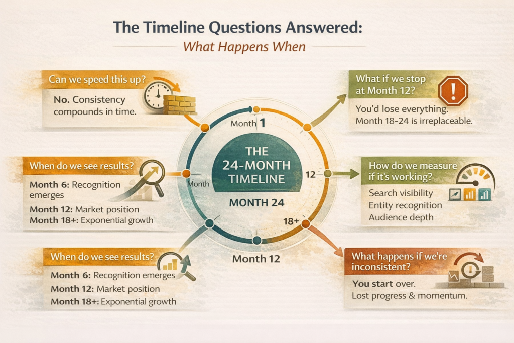 Infographic titled **“The Timeline Questions Answered: What Happens When”** showing a circular 24-month content operating system timeline with common questions teams ask about compounding results. At the center is a teal circle labeled **“The 24-Month Timeline — Month 24.”** Around it is a circular timeline with markers at **Month 1, Month 6, Month 12, and Month 18+**, showing the progression of compounding benefits over two years.

Five question panels radiate from the timeline:

* **“Can we speed this up?”** with a clock and brick icon. The answer states: *“No. Consistency compounds in time.”*
* **“What if we stop at Month 12?”** with a warning icon. The answer states: *“You’d lose everything. Month 18–24 is irreplaceable.”*
* **“How do we measure if it’s working?”** with gauge and chart icons. The answer lists metrics: *Search visibility, entity recognition, and audience depth.*
* **“What happens if we’re inconsistent?”** with restart and warning symbols. The answer states: *“You start over. Lost progress and momentum.”*
* **“When do we see results?”** with magnifying glass and upward arrow icons. The timeline notes: *Month 6 — recognition emerges, Month 12 — market position, Month 18+ — exponential growth.*

The design uses a cream background with **deep teal, warm amber, and sage tones** to illustrate the progression from early foundation work to measurable results and exponential growth across the full two-year compounding timeline.
