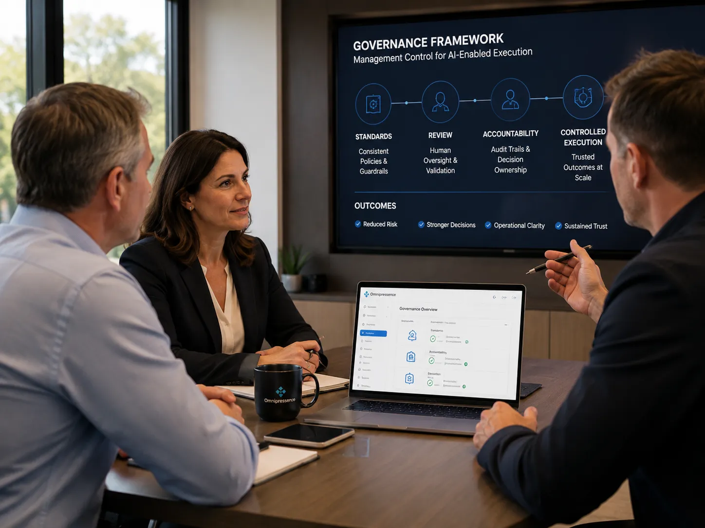 Client team reviewing an Omnipressence AI governance framework during a structured management discussion