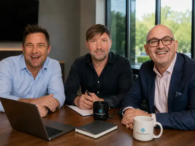 Adam McNeill, Chris Kulbaba, and Brad Grant of Omnipressence seated together in a business meeting