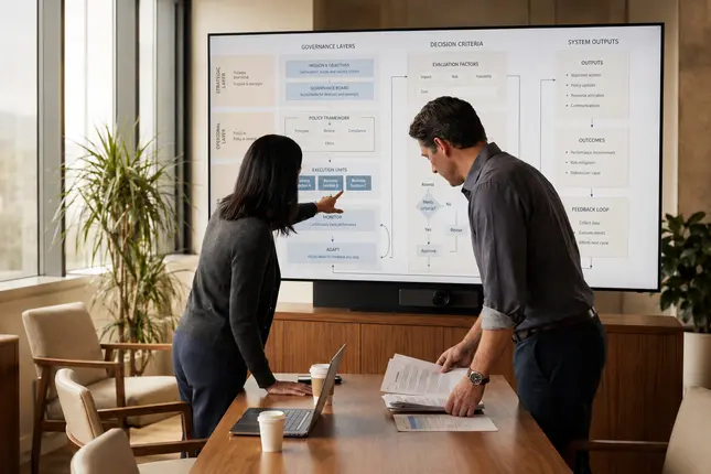 Professionals reviewing a governed AI workflow on a large display