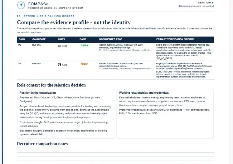 COMPAS© interview intelligence section with required verification questions and success signals