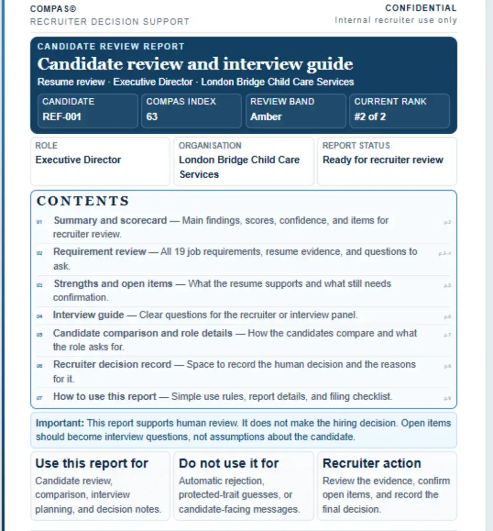 COMPAS© report overview showing the governed candidate evaluation report